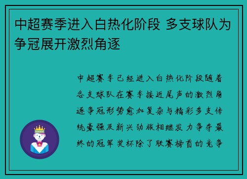 中超赛季进入白热化阶段 多支球队为争冠展开激烈角逐